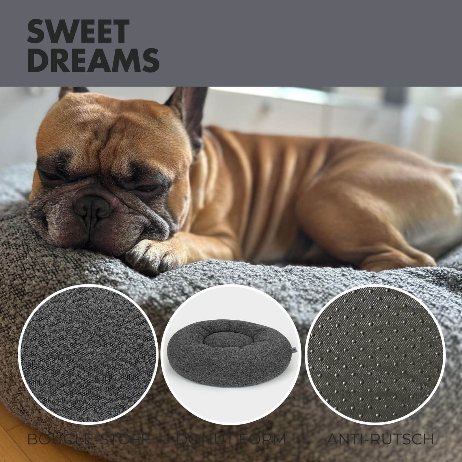 Hundebett LENI Bouclé Grau Ø 80cm